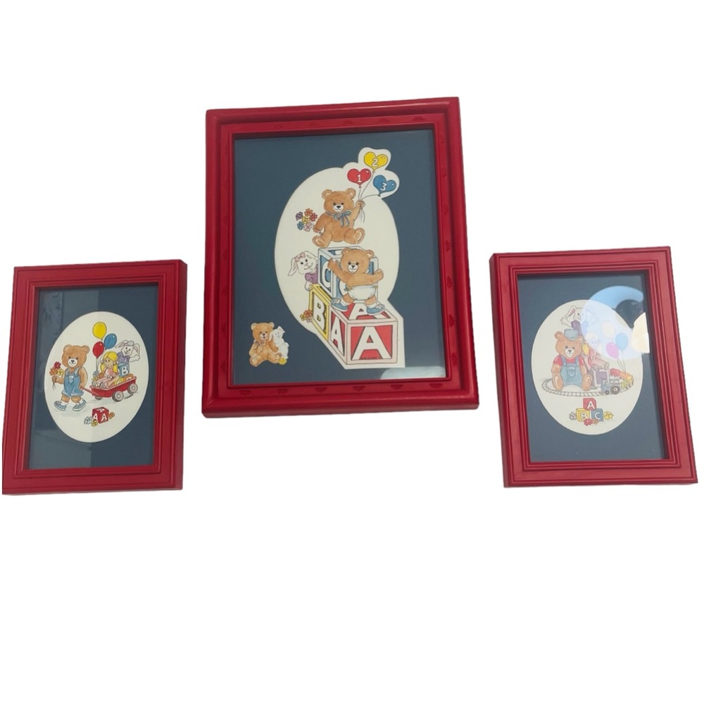 (3) Teddy Bear wall pictures VTG HOMCO Nursery Baby Children’s Red & blue ABC’s